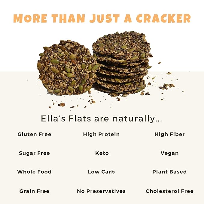 ELLA’S FLATS Spicy All Seed Savory Crisps – All Natural, Gluten Free, Good Source of Protein, High Fiber, Vegan and Keto Friendly (3 Pack)