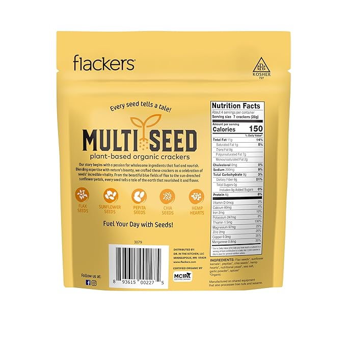 Flackers Organic Cheeze-Pleaze Multi-Seed Crackers, 4 Ounce 6-Pack, Gluten Free, Non GMO, Vegan, Keto Snack, 6g protein, 6g Fiber, 2g Net Carbs