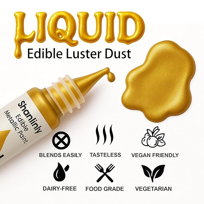 Edible Gold Metallic Paint for Baking ??Food Grade Edible Gold Dust Drink Glitter for Shimmer Cake Decorating, Cookies, Cupcakes, Cocktails ??15ml Perfect for Holidays, Wedding, Birthday Decorating
