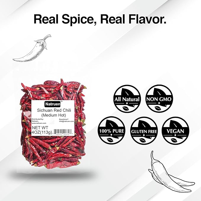 Natruen Whole Dry Szechuan Chinese Red Chili Pods 4 Oz (Medium Hot), Spicy Sichuan Dried Red Hot Chilies for Chili Oil, Paste, and Sauce