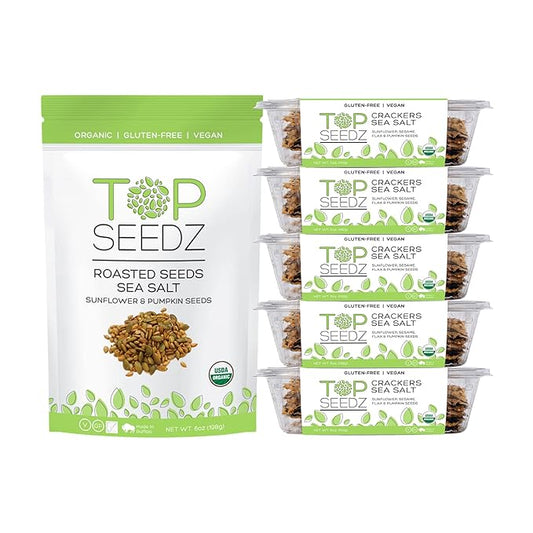 Top Seedz Deluxe Organic Gluten Free Vegan Seed Crackers and Roasted Seeds Bundle | 1 Pouch of Sea Salt Roasted Seeds | 5 Packs of Sea Salt Crackers
