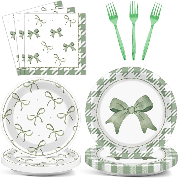 96Pcs Green Plaid Bow Plates and Napkins Coquette Party Decorations Bow Theme Dessert Paper Plates Napkins Forks Birthday Tableware Set for 24 Guests Girls Boys Baby Shower Picnic BBQ Party Suppliess