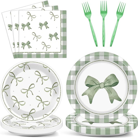 96Pcs Green Plaid Bow Plates and Napkins Coquette Party Decorations Bow Theme Dessert Paper Plates Napkins Forks Birthday Tableware Set for 24 Guests Girls Boys Baby Shower Picnic BBQ Party Suppliess
