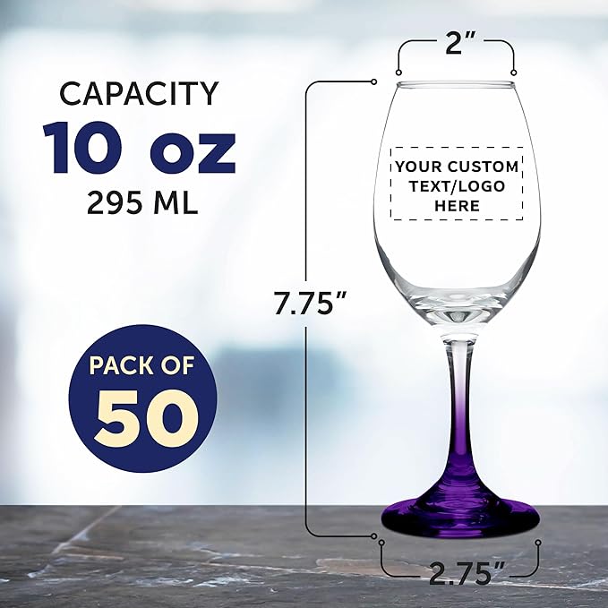 Custom Rioja Wine Glasses with Stem 10 oz. Set of 50, Personalized Bulk Pack - Color Bottom, Perfect for Wedding, Party Favors, Birthday, Bridal Shower Gifts - Purple