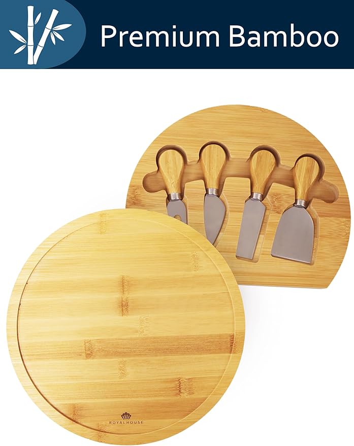 RoyalHouse Bamboo Round Cheese Board and 4 Knives Set with Slide-Out Cutlery Drawer - Charcuterie Boards Set - House Warming Gifts New Home, Wedding Gifts for Couple 2025, Bridal Shower Gifts