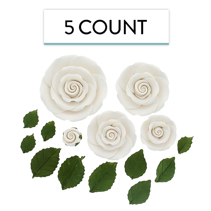 Global Sugar Art Exquisite Rose & Leaf Tray Edible Sugar Cake Flowers, White Unwired, 5 Count by Chef Alan Tetreault