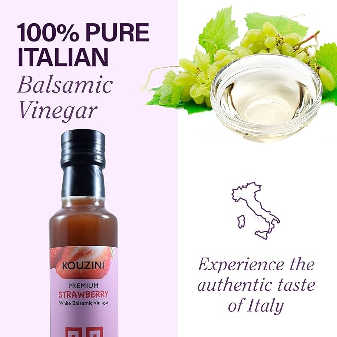 Kouzini Ultra Premium Strawberry Fruit White Balsamic Vinegar, Aged Balsamic Vinegars from Modena, Italy, Premium, Smooth & Full-Bodied Flavor, 250ml Bottle