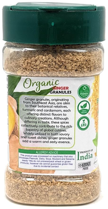 Rani Organic Granulated Ginger (Adarak Granules) 3oz (85g) PET Jar ~ All Natural | Gluten Friendly | Vegan | NON-GMO | Kosher | No Salt or fillers | Indian Origin | USDA Certified Organic