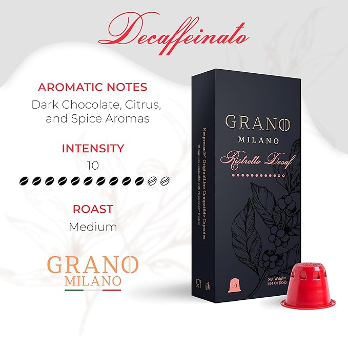 Grano Milano Ristretto Decaf - 50 Espresso Pods Compatible with Nespresso Original line, Medium Roast - Intensity 10/12, Coffee Capsules Made in Italy Espresso Coffee