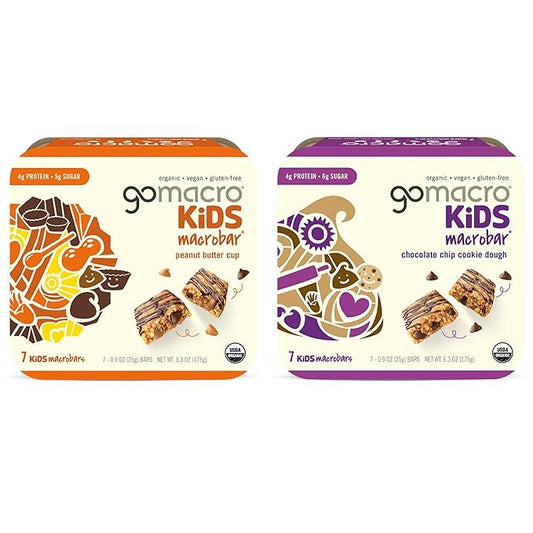 GoMacro Kids MacroBar Organic Vegan Snack Bars ??Peanut Butter Cup & Chocolate Chip Cookie Dough (0.90 Ounce Bars, 7 Count) (Pack of 2)