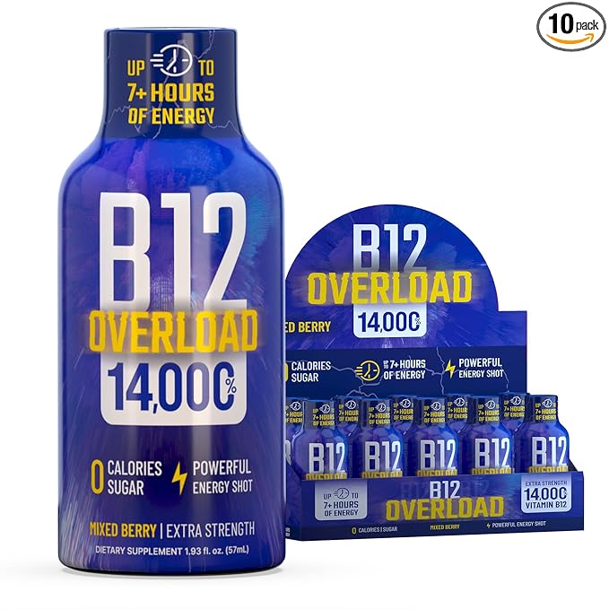B12 Overload Extra Strength Energy Shot ??Mixed Berry ??260mg Caffeine, 14000% B12, Electrolytes ??Energy & Vitality Support ??Zero Sugar No Calories ??Vegan, Kosher, Gluten-Free ??1.93 fl oz, 10-Pack