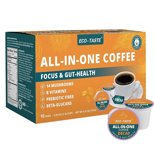 Decaf Mushroom Coffee K Cup – Focus & Gut-Health with 14-Mushrooms, Vitamins, L-Theanine and Alpha GPC, Single Serve Pods - No Crash or Jitters, 16 Count