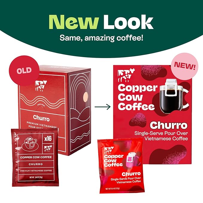 Copper Cow Coffee Pour Over Vietnamese Ground Coffee Pouches + Sweetened Condensed Milk Creamers (8 Coffees & 8 Milk Creamers) | Churro Lattes, No Refrigeration Needed