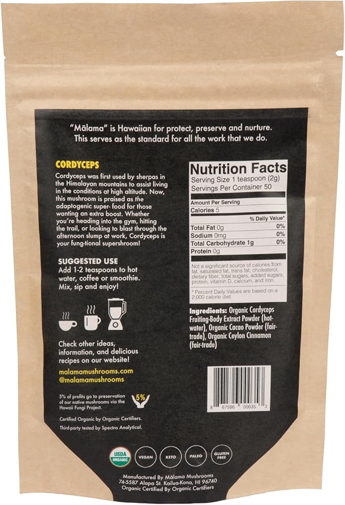 Malama Organic Mushroom Hot Cacao Mix, Cordyceps Mushroom Powder with Fair Trade Cacao, Supports Energy & Immune Health ??Vegan Supplement & Superfood, Non GMO, 3.5 oz (50 Servings)