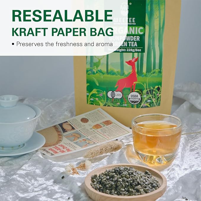 WT WEETEE Organic Gunpowder Green Tea, USDA Organic Loose Leaf Green Pearls Tea 8 Ounce, Full-Bodied & Gently Rolled Chinese Green Tea, Caffeinated