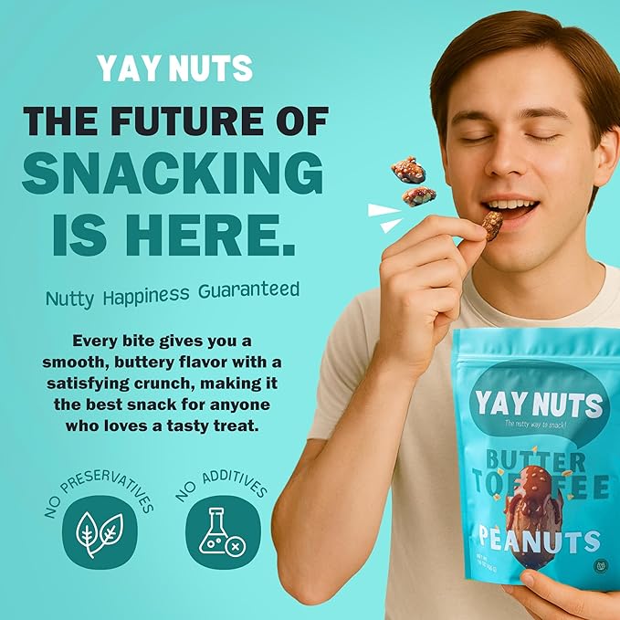 YAY NUTS Butter Toffee Peanuts ??All-Natural Sweet & Salty Snack, Crunchy Roasted Peanuts Coated in Rich Caramelized Butter Toffee, Made in USA, Guilt-Free Snacking with Real Ingredients - 16oz (450g)