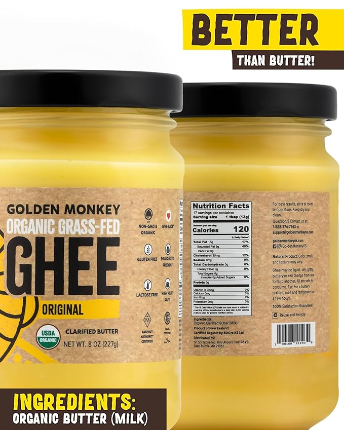 GOLDEN MONKEY Organic Ghee Butter ??Grass Fed Clarified Butter for Cooking, Baking, Keto & Gut Health ??Ghee Butter Organic Grass Fed from Small Farms ??Smooth Spread with High Smoke Point (8oz)