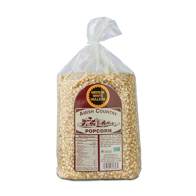 Amish Country Popcorn Medium White Popcorn Kernels, 6LB Bag - Non-GMO, Gluten Free, Hulless, Old Fashioned Popcorn