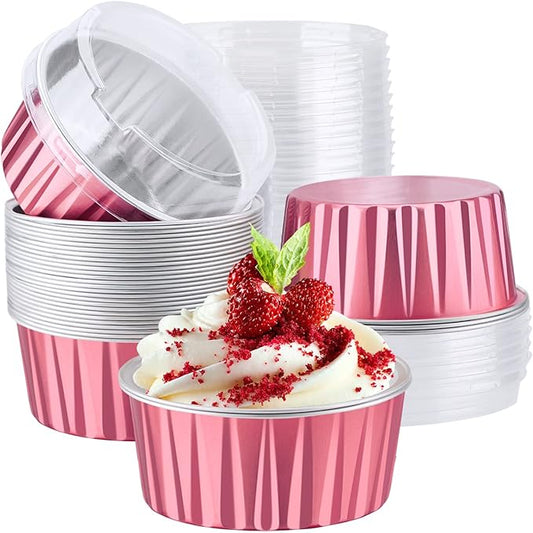 EUSOAR Aluminum Cups with Lids, 30pcs 5oz Disposable Aluminum Foil Muffin Liners Ramekins Baking Cups, Disposable Foil Baking Cups Containers Mini Pie Pans for Creme Brulee or Cupcake-Carmine