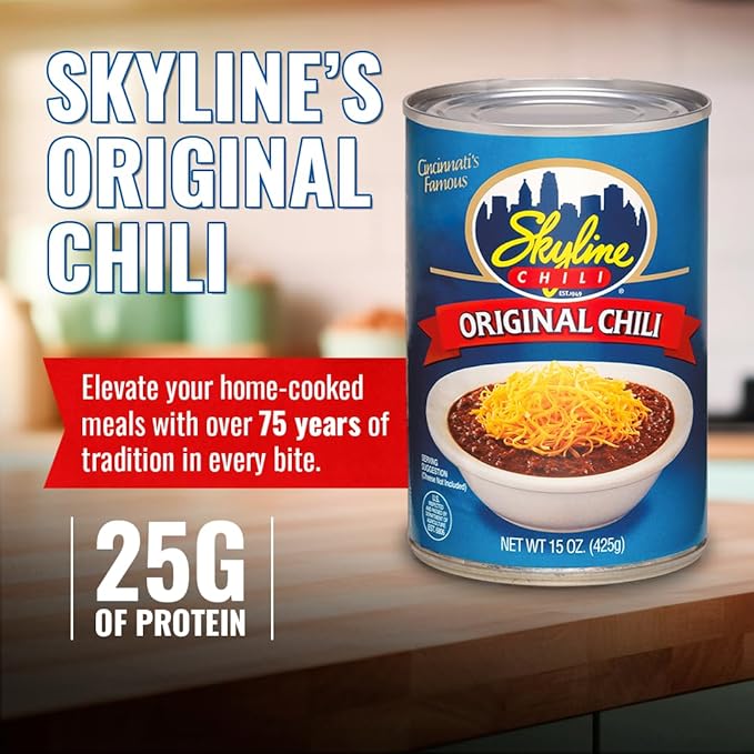 Skyline Chili Bundle - 8-Pack of 15oz Cans Original Chili, (1) 6oz Skyline Hot Sauce Bottle - Authentic Cincinnati Ground Beef Chili with No Beans - Ready to Heat Meal for Hot Dogs, Spaghetti & More