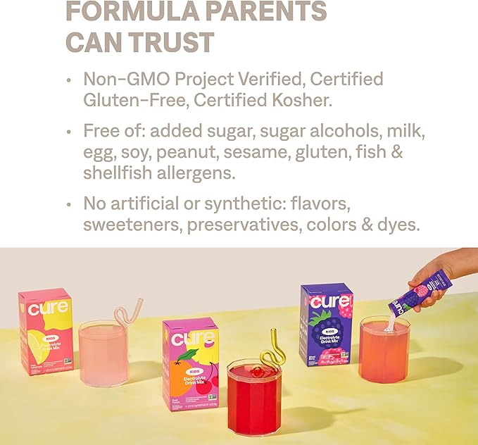 Cure Hydration Kids Electrolyte Drink Mix | Plant-Based Pediatrician Formulated Rehydration | No Added Sugar, FSA-HSA, Non-GMO, Gluten-Free, No Artificial Flavors | Box of 6 Packets - Pink Lemonade