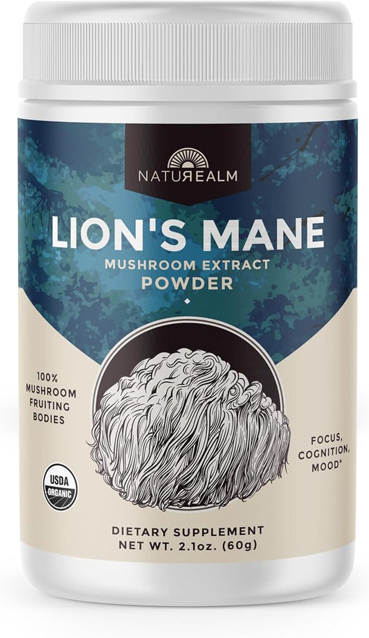 Naturealm Lion's Mane Mushroom Powder - Organic Brain Support for Focus Memory Mental Clarity - Non