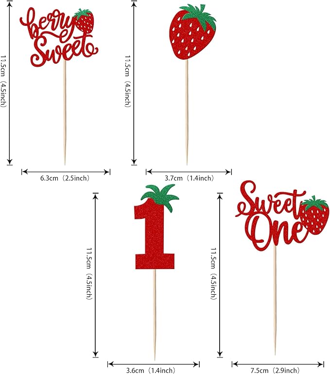 24 Pack Sweet One Cupcake Toppers Glitter First Birthday Strawberry Cupcake Picks for Fruit Baby Shower 1st Birthday Berry Sweet Cupcake Decorations Party Supplies Red