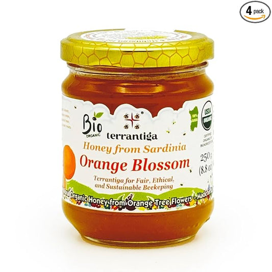 Orange Blossom Organic Raw Honey from Orange Tree Flowers, Sweet and Aromatic Honey from Sardinia, Italy - 4 x (250gr) 8.8 oz