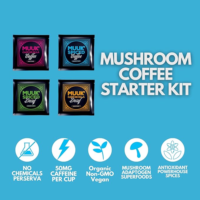 MUUK' SUPERFOODS | Mushroom Coffee Starter Kit | Instant Coffee | Caffeinated & Decaffeinated - Sweetened & Unsweeetened | Spices & Adaptogen Mushroom Blend | Better Focus, More Energy and Stronger Immune Defense | 4 Boxes (10 cups each)