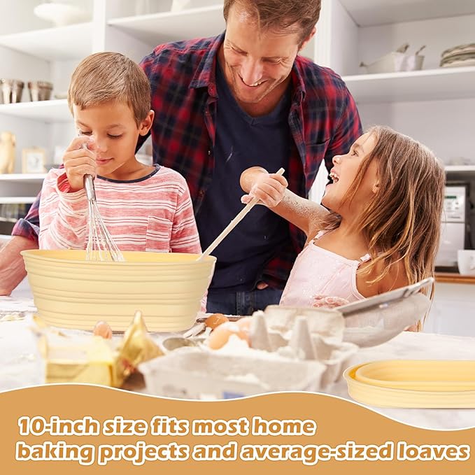 Nuogo 4 Pack Oval Bread Proofing Basket Silicone 10 Inch Collapsible Sourdough Bread Baking Supplies Dough Proofing Bowl with 4 Pcs Dough Scraper and 4 Pcs Basket Covers(Yellow)