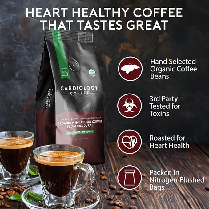 Cardiology Coffee ??Decaf Coffee Beans ??USDA Certified 12oz Premium Whole Bean Coffee Medium Roast ??Decaf Espresso Beans with Swiss Water Decaf and Antioxidant Benefits ??Heart Healthy Lifestyle