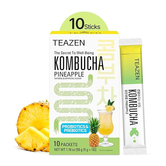 TEAZEN Pineapple Kombucha Tea, Hydration Drink Mix, Sugar Free, Live Probiotics & Prebiotics, 10