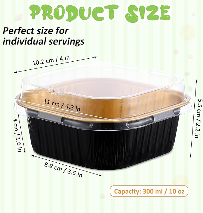 Aoriher 150 Pieces 10 oz Mini Cake Pans with Lids Aluminum Foil Baking Cups Square Disposable 4" x 4" Large Cupcake Cups Baking Tins for Kitchen Brownie Pudding Desserts Holders(Black, Gold)