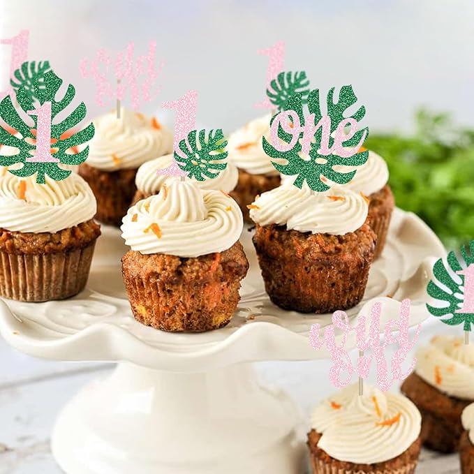 Safari Wild One Cupcake Topper Girls 1st Tropical Leaf Birthday Party Jungle Animals Decorations Pink 1