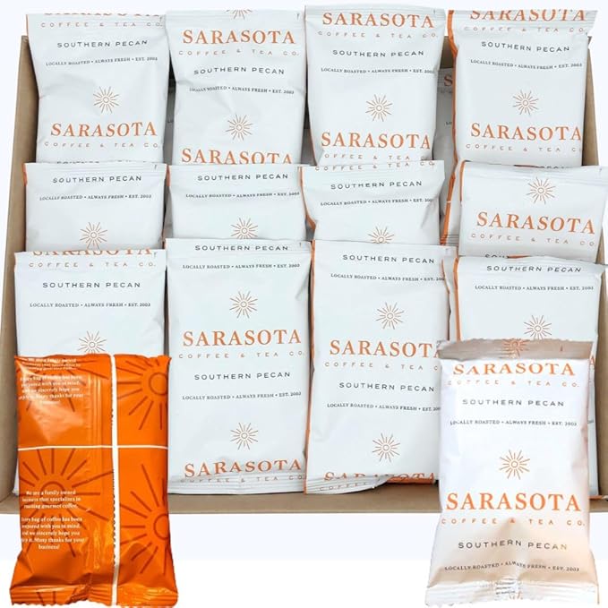 Sarasota Coffee Ground Packets | Gourmet Flavored Medium Roast Bulk Coffee Packs | Southern Texas Butter Pecan | Low Acid Mold Free Individual Pouches for 12 Cup Coffee Maker | 2 Ounce Bags, 36 Count