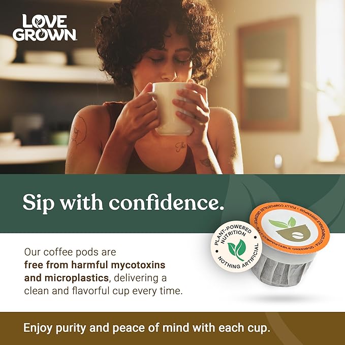 Love Grown Compostable Coffee Pods - Compatible with Single-Serve Brewing Machines - 100% Arabica Beans, Plastic-Free, Gluten-Free, Non-GMO - Decaf, Box of 15