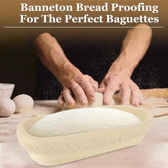 2 PCS 13.8 inch Oval Long Baguette Banneton Brotform Bread Dough Proofing Rattan Basket & Liner for Professional & Home Bakers