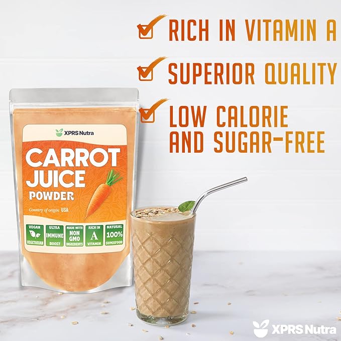 XPRS Nutra 100% Natural Carrot Juice Powder - Pure Carrot Powder from The USA - Ideal for Juice and Smoothie - High in Vitamin A, Phytonutrients and Antioxidants - Non-GMO (8 oz)