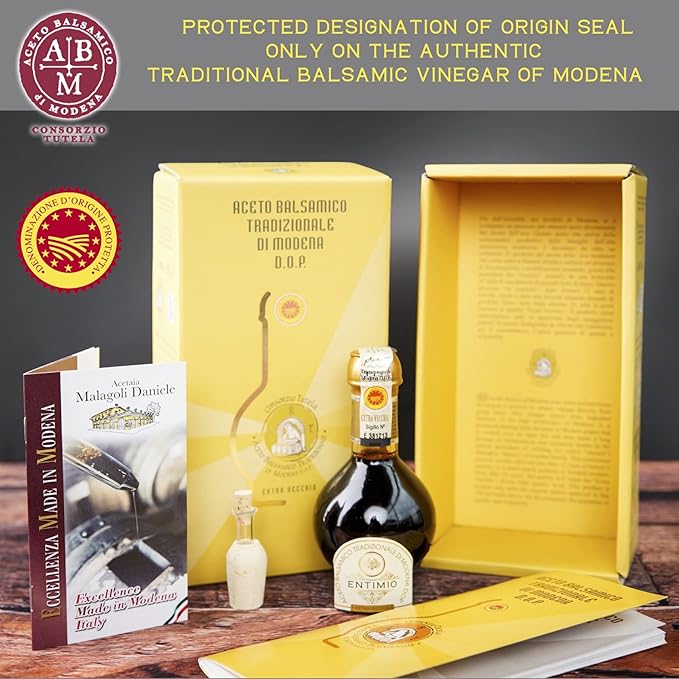Entimio Extra Vecchio - DOP Aged 25+ Years Traditional Modena Balsamic Vinegar from Modena, Italy - Authentic from Small Family Producer, Giftbox with Product and Producer Info - 3.4 fl oz