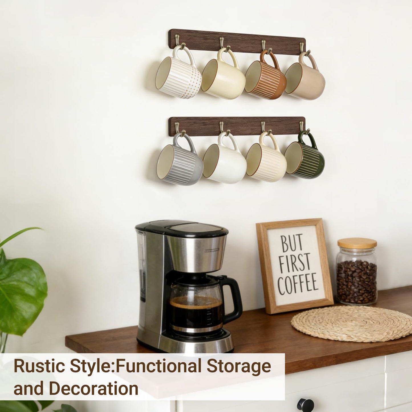 Mkono Wall Mug Holder, Wooden Coffee Cup Hanger Rack with 8 Hooks, Brown