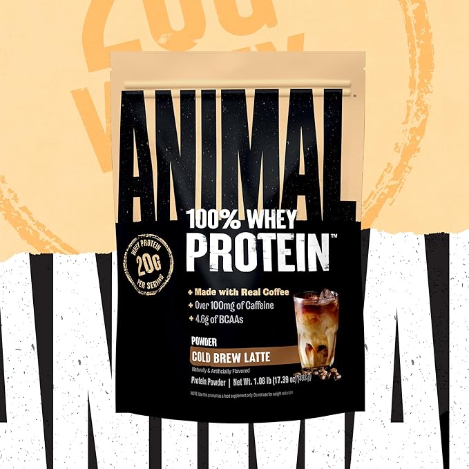 Animal 100% Whey Protein Powder Instant Iced Coffee ??Real Coffee for Preworkout, Post Workout Whey Blend + 20g of Protein Shake, 120mg of Caffeine Meal Replacement with BCAA ??Cold Brew Latte, 1 lb