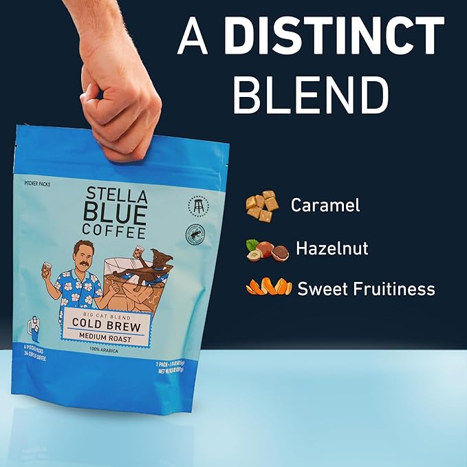 Stella Blue Cold Brew Coffee Packets, Electric Avenue Blend, Dark Roast Ground Coffee, Toffee, Dark Chocolate, and Subtle Smokey Notes, 100% Arabica, 6 Brew Packets, Makes 24 Bold Cups
