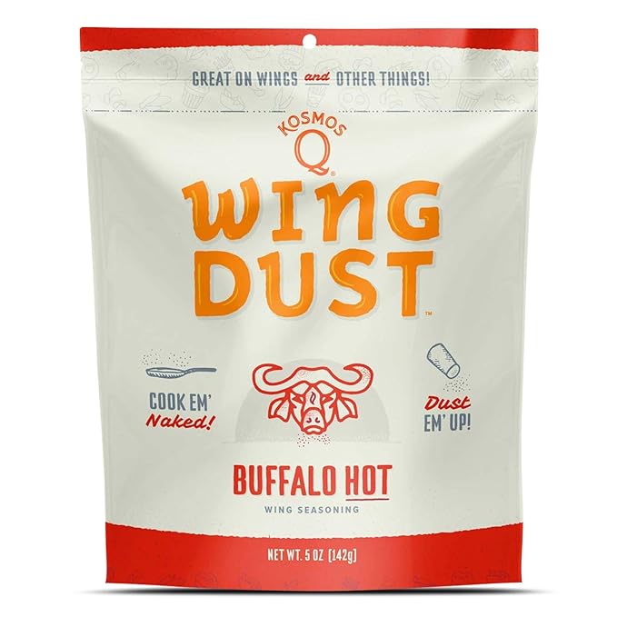 Kosmos Q Hot Buffalo Wing Dust, Spicy Chicken Wing Seasoning Powder for Wings, Popcorn, Fries & More, Bold Buffalo Flavor with Cayenne, Garlic, Blue Cheese, Dry Rub Dust for Grilling, 5 Oz Bag