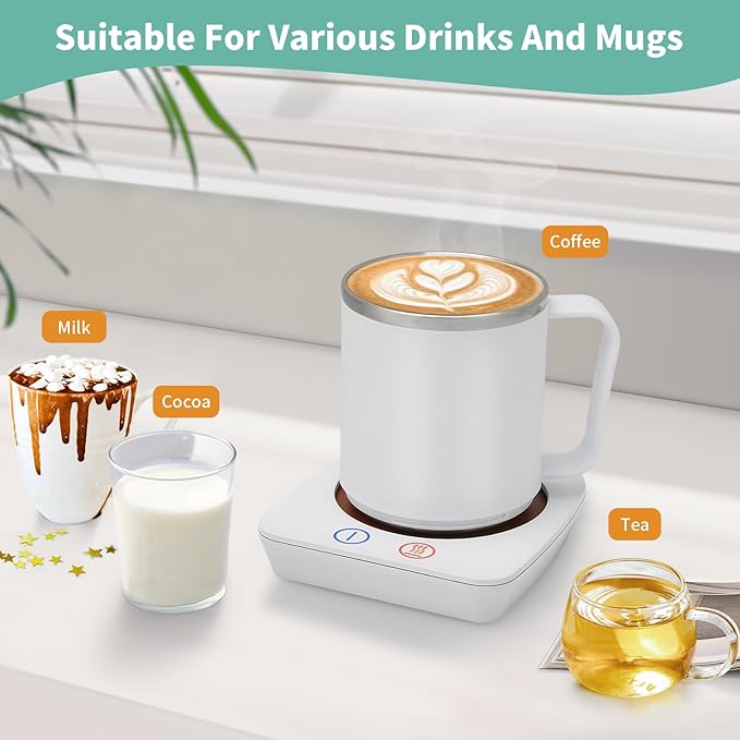 VOBAGA Coffee Warmer & Mug Warmer for Home Office Home Desk Use, Electric Cup Beverage Warmer with 3 Temperature Settings for Tea, Water, Cocoa with Auto Shut Off After 4 Hours (White Warmer Set)