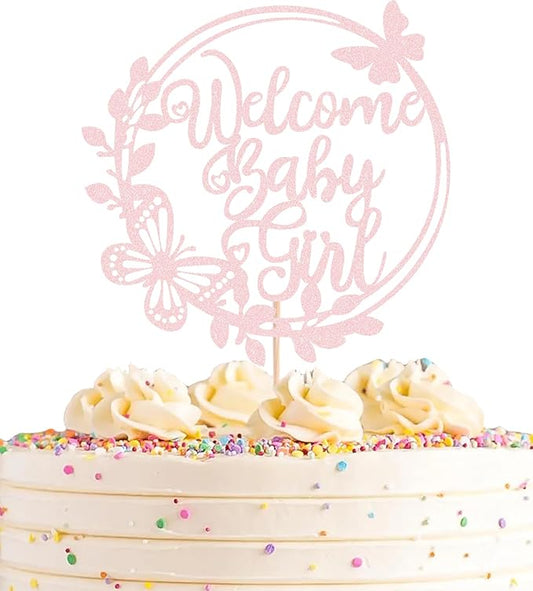 Welcome Baby Girl Cake Topper - Light Pink Glitter Baby Shower Cake Decorations, Baby Girl Cake Decor, for Baby Shower/Birthday Party/Gender Reveal Party Photo Booth Props