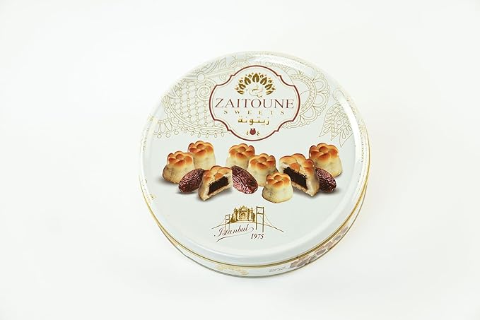 Zaitoune Date Maamoul - 18 oz | Middle Eastern Buttery Date Filled Cookies in a Beautiful Gift Tin | Luxury Authentic Arabic Pastry with Natural Fruit | Traditional Recipe & Handmade in Turkey