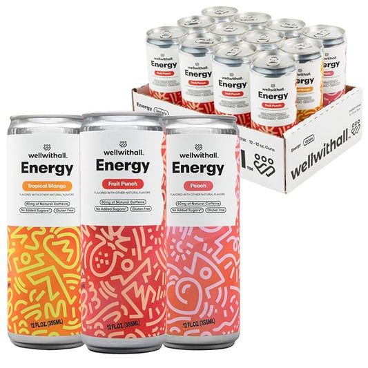 WellWithAll Energy Drink Variety Pack ??Fruit Punch, Tropical Mango, and Peach Flavors ??Caffeine from Tea ??With Vitamin C ??Lightly Sparkling Beverage ??Fruit & Veggie Juice Blend ??12 Oz (Pack of 12 ??4 Cans of Each Flavor )