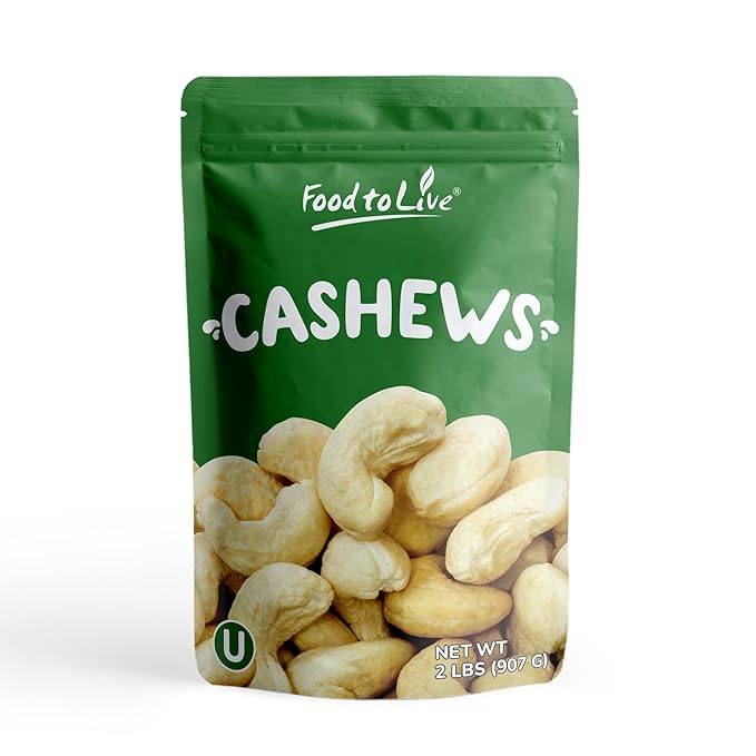 Food to Live Raw Cashews, 2 Pounds ??Non-GMO Verified, Deluxe Whole Nuts, Unsalted, Unroasted, Size W-320, Vegan, Kosher, Bulk
