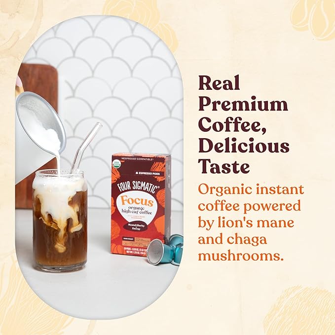 Four Sigmatic Focus High Caffeine Coffee Pods Compatible with Nespresso Original | Organic Dark Roast Espresso with Added Focus | Mushroom Coffee Enhanced with Lion's Mane | High Caffeine 10ct