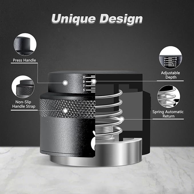 Espresso Tamper 58mm, Adjustable Depth Coffee Tamper with Calibrated Spring Loaded, 304 Stainless Steel Palm Tamper Tool, fits 58mm Portafilter Basket (Black)